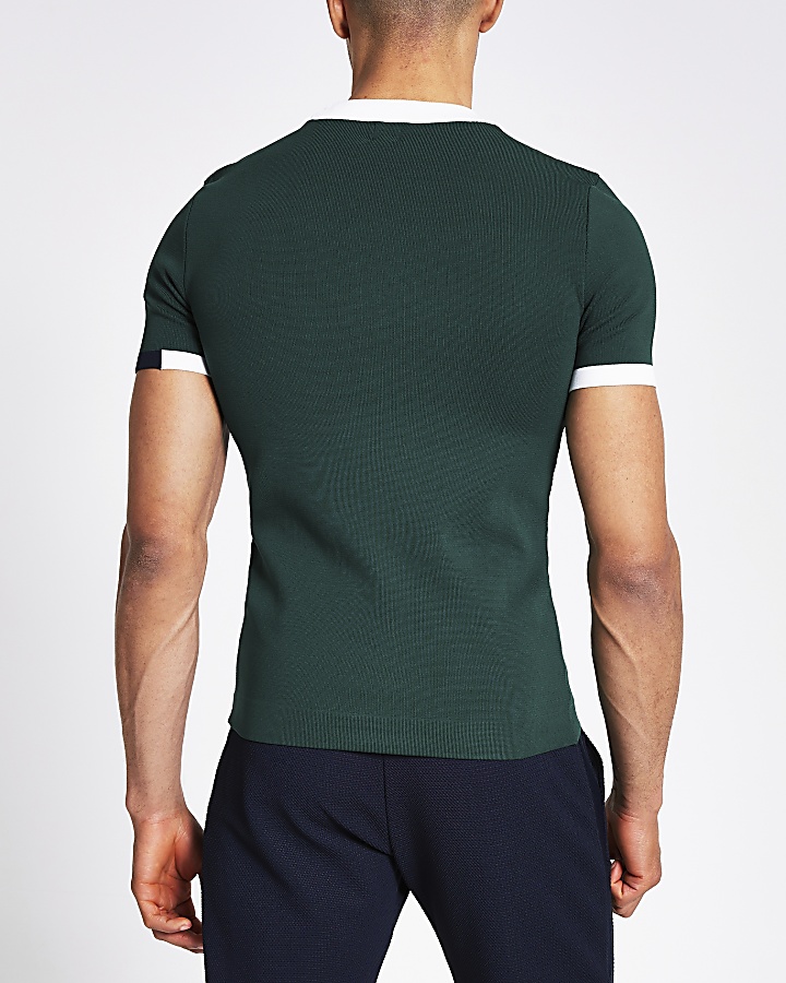 Green colour block muscle fit knit T-shirt