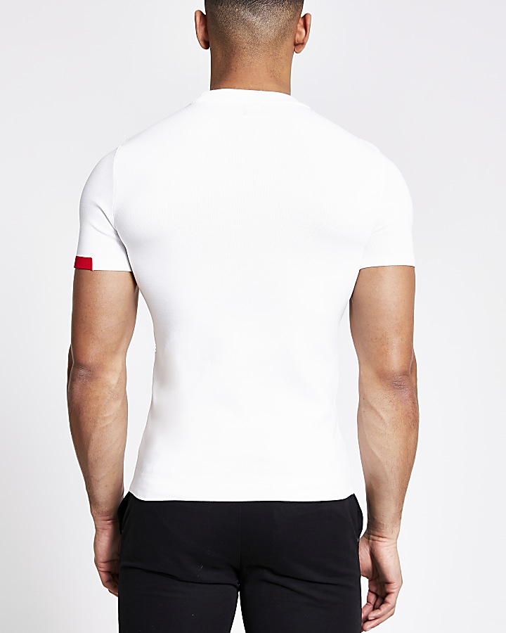 White colour block muscle fit knitted T-shirt
