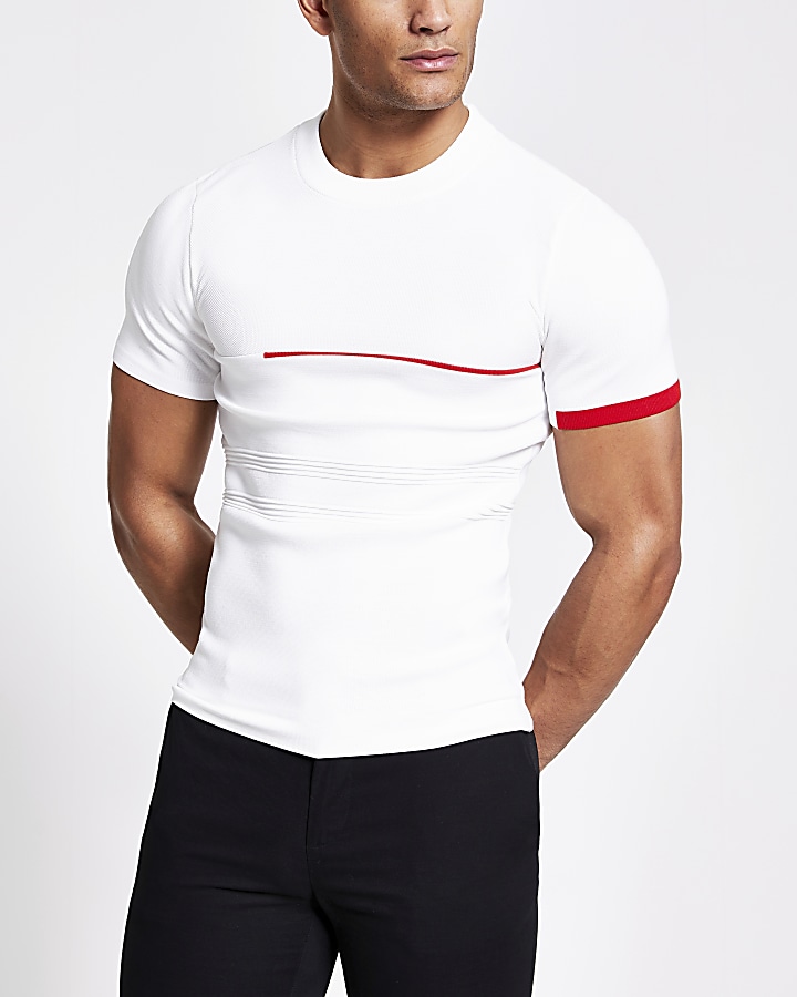 White colour block muscle fit knitted T-shirt