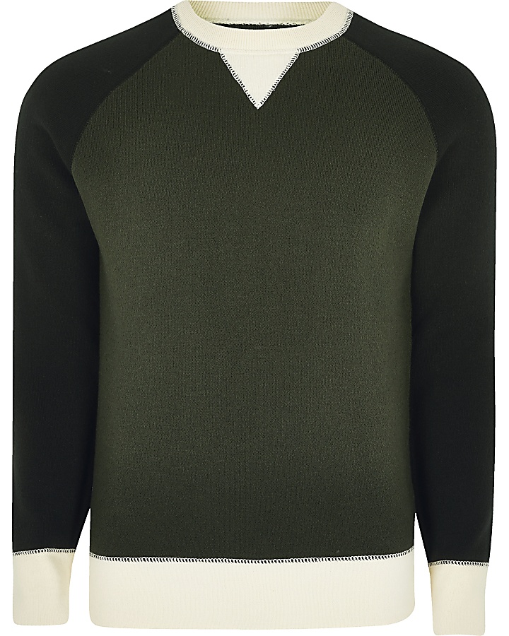 Green raglan colour blocked knitted jumper