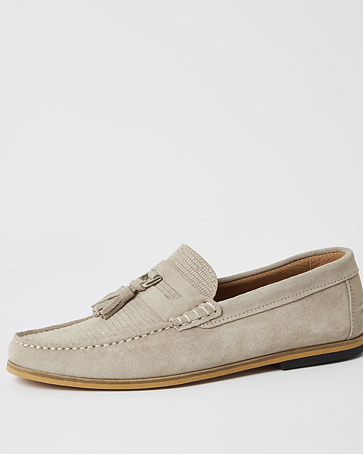 Grey suede D-ring tassel loafers