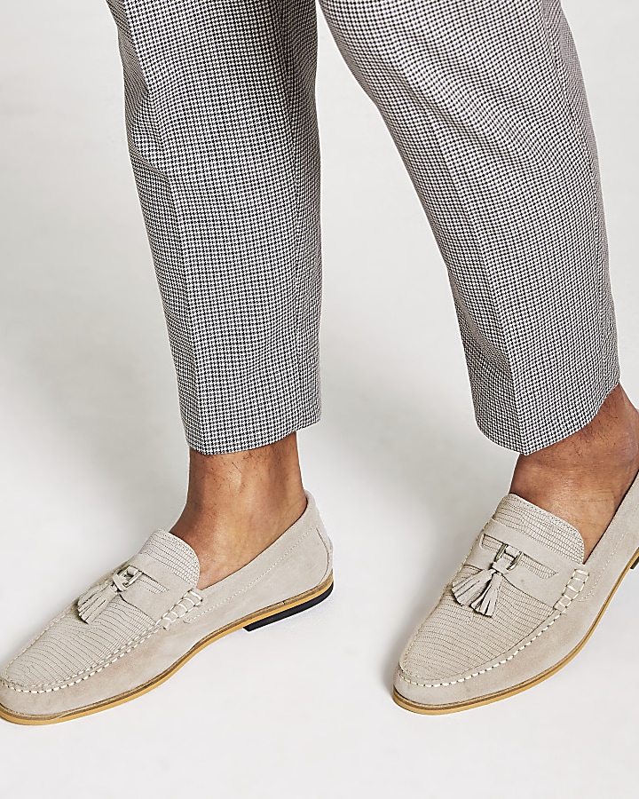 Grey suede D-ring tassel loafers