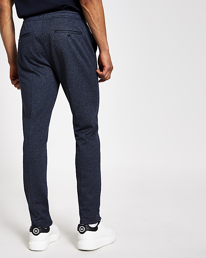 Navy check pintuck skinny fit joggers