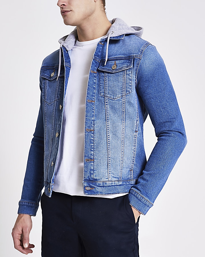Blue muscle fit hooded denim jacket
