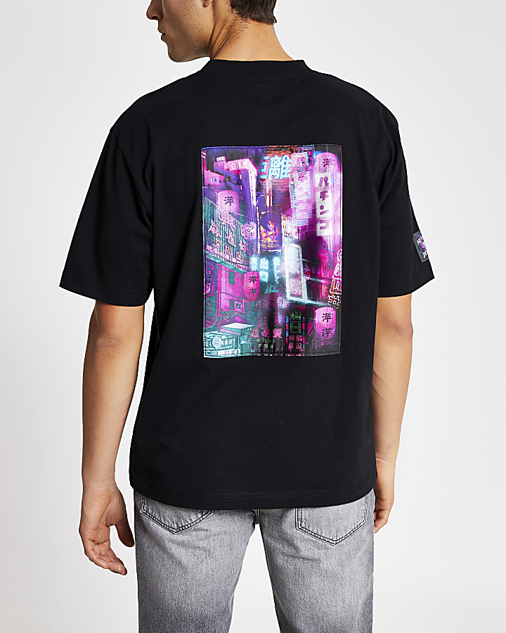 Black neon city back print boxy fit T-shirt
