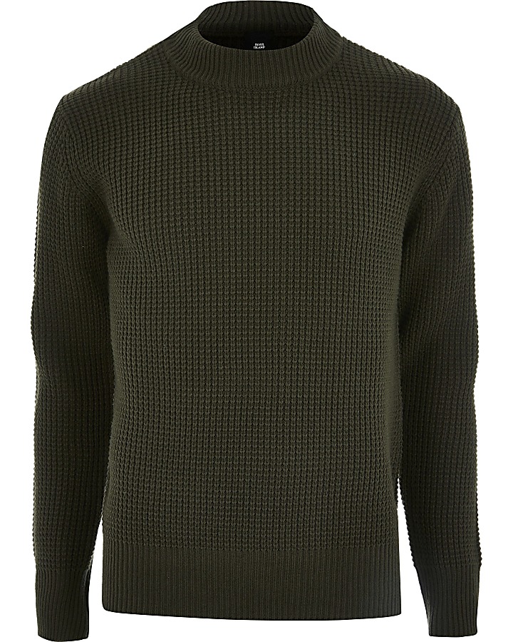 Khaki slim fit waffle knitted jumper