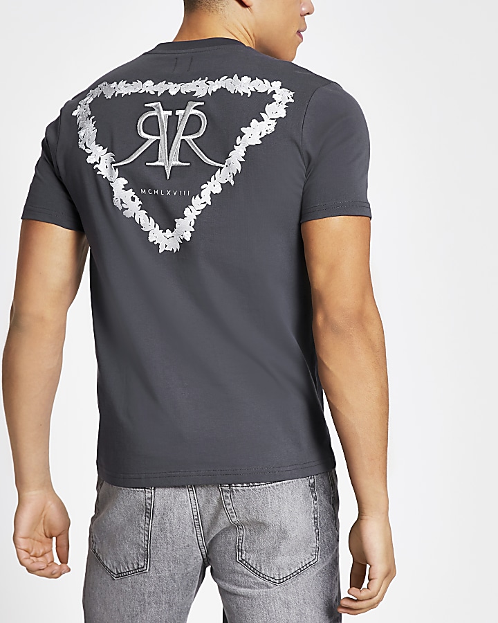 Grey RVR embroidered floral slim fit T-shirt