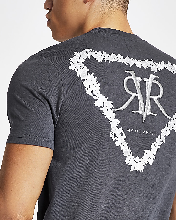 Grey RVR embroidered floral slim fit T-shirt