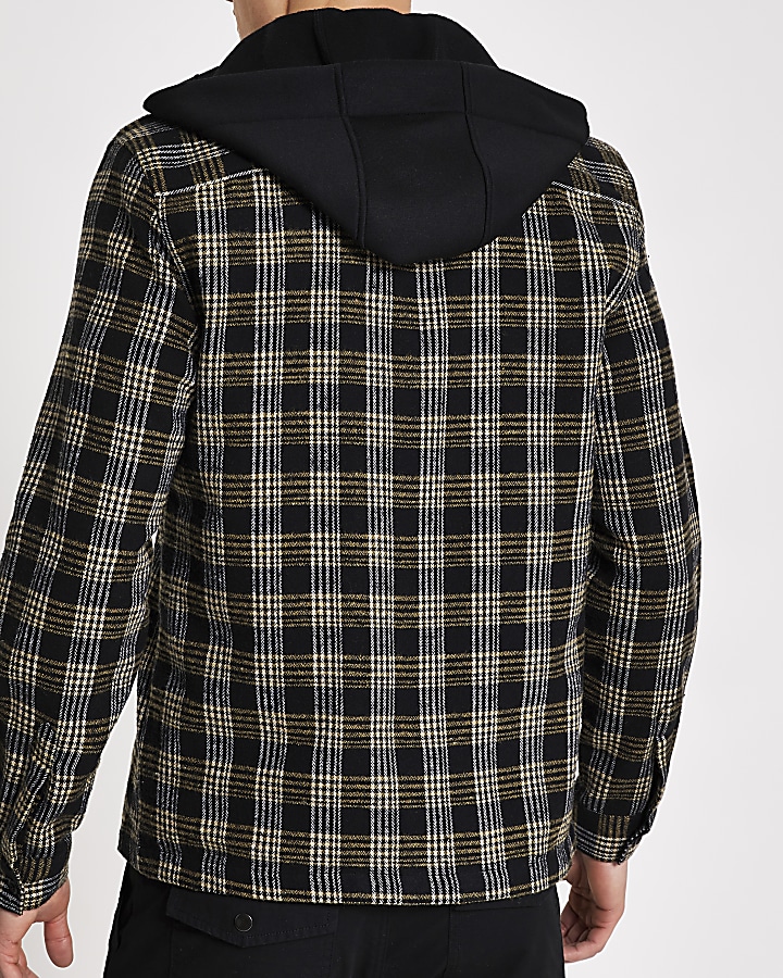 Black check regular fit hooded overshirt