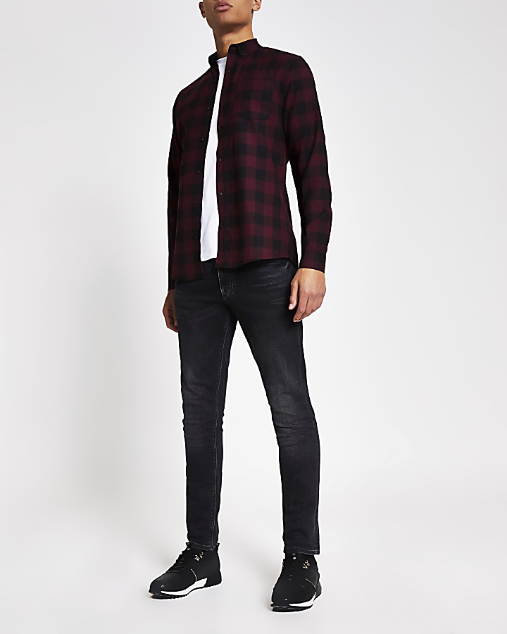 Red check long sleeve slim fit shirt