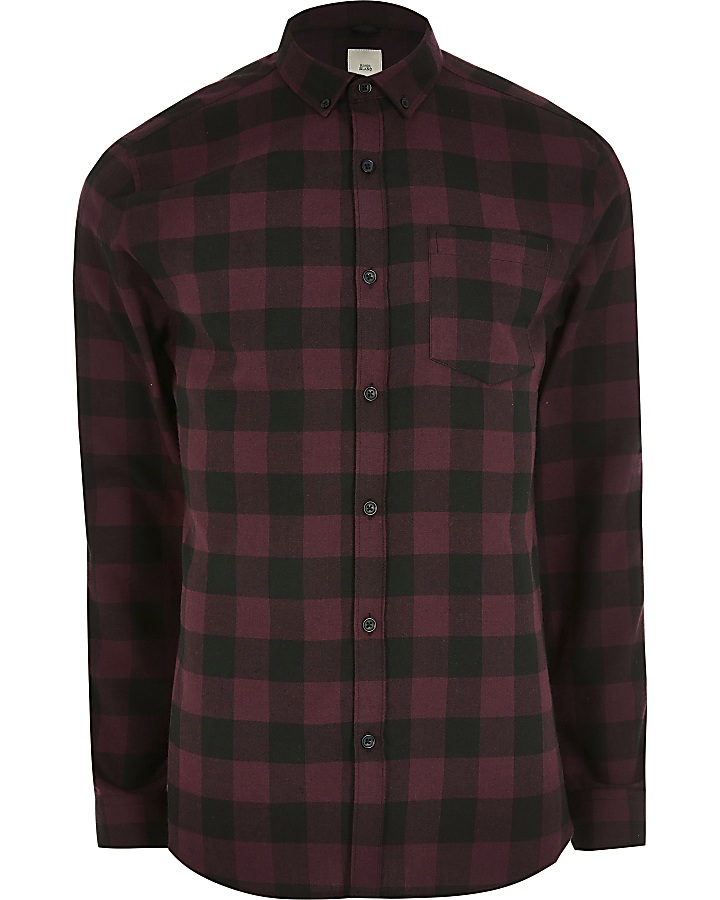 Red check long sleeve slim fit shirt