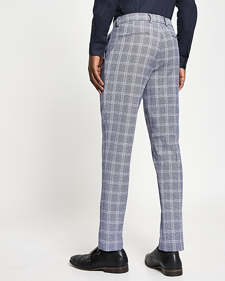 Navy check slim fit trousers