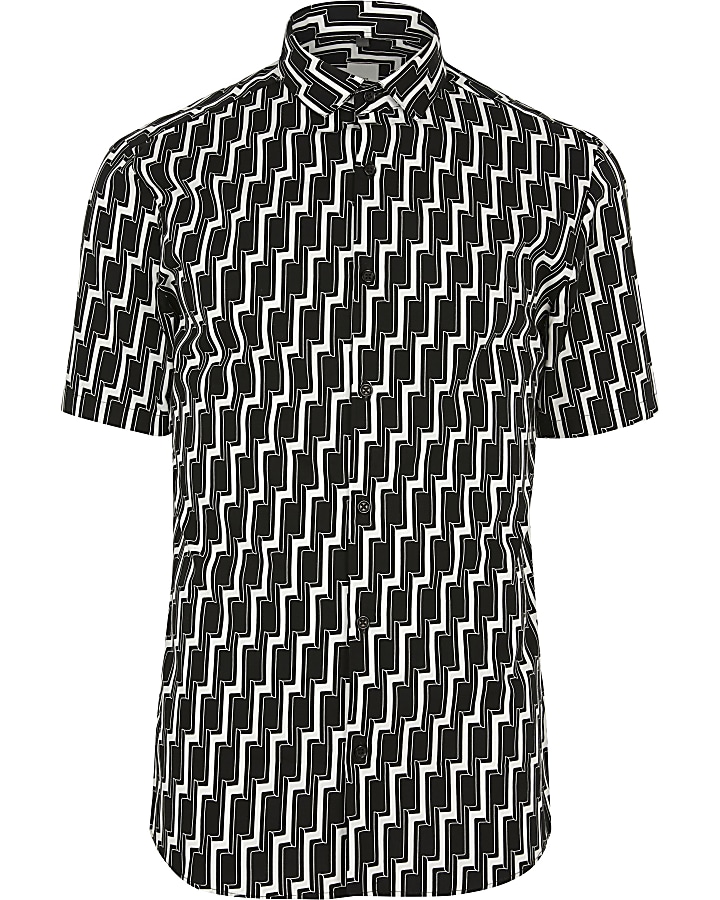 Black geo print slim fit short sleeve shirt