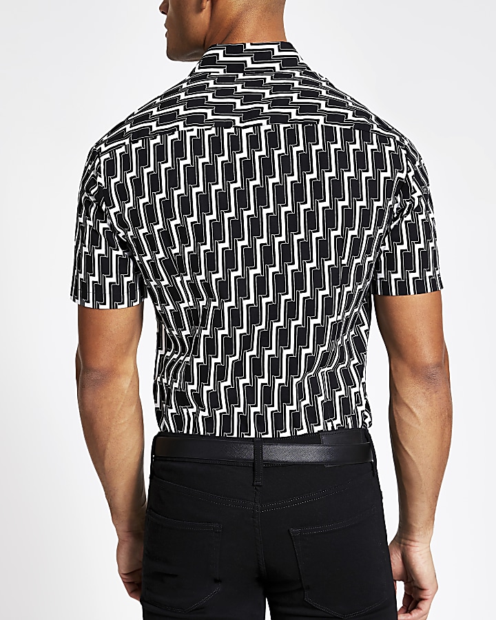 Black geo print slim fit short sleeve shirt
