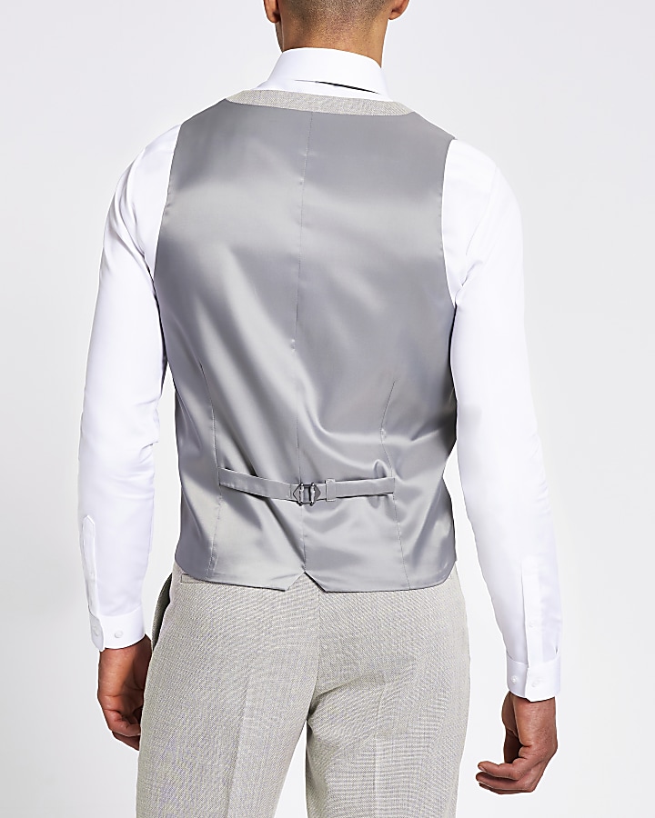 Ecru textured slim fit suit waistcoat