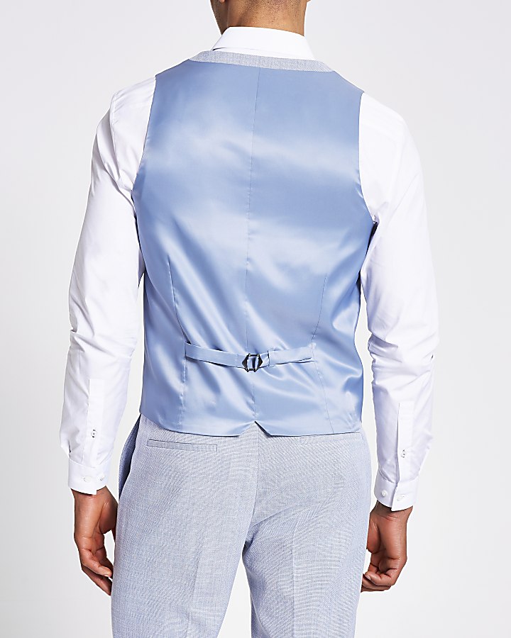 Blue textured slim fit waistcoat