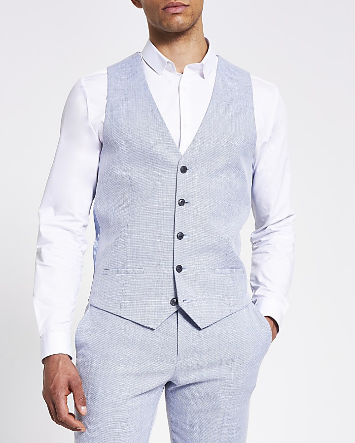Blue textured slim fit waistcoat