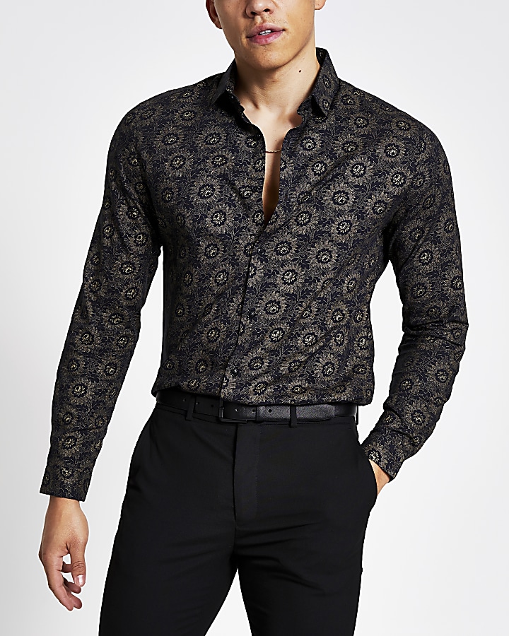 Black gold floral print slim fit shirt
