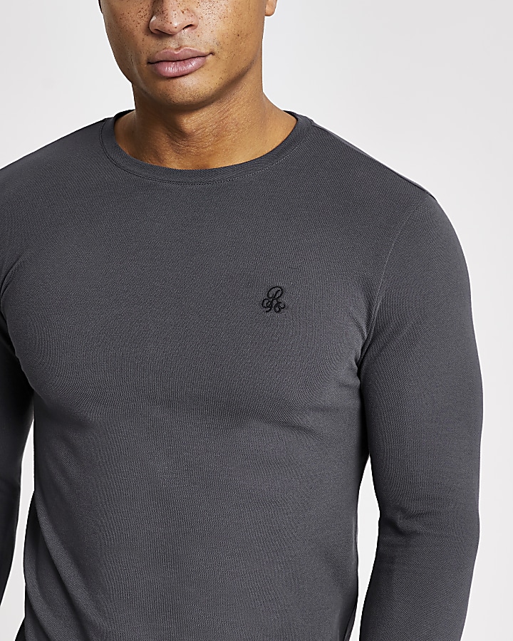 R96 grey muscle fit long sleeve pique T-shirt