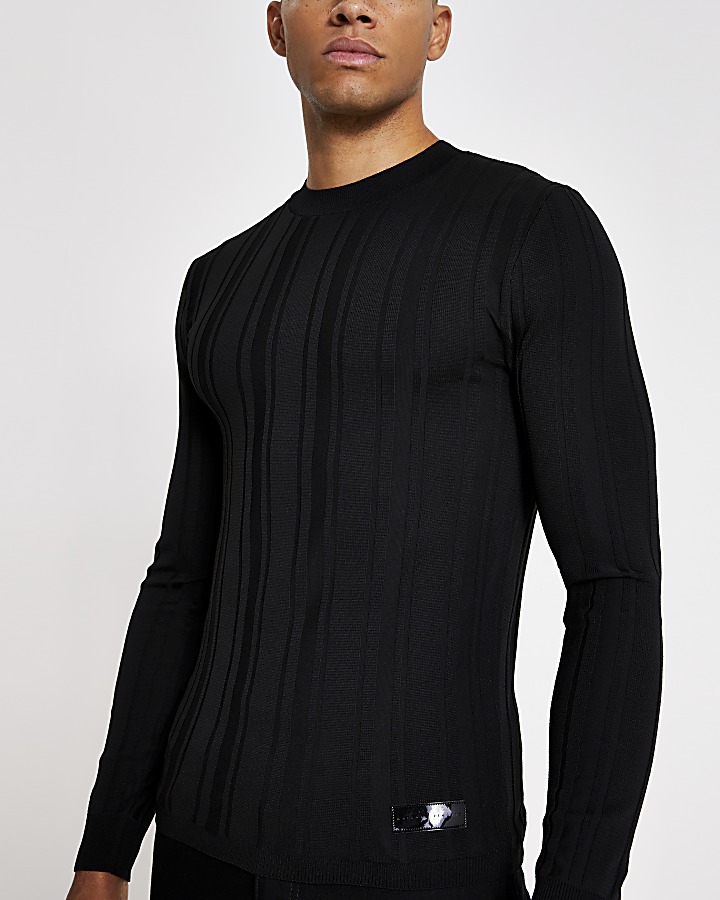 Black ribbed muscle fit knitted jumper