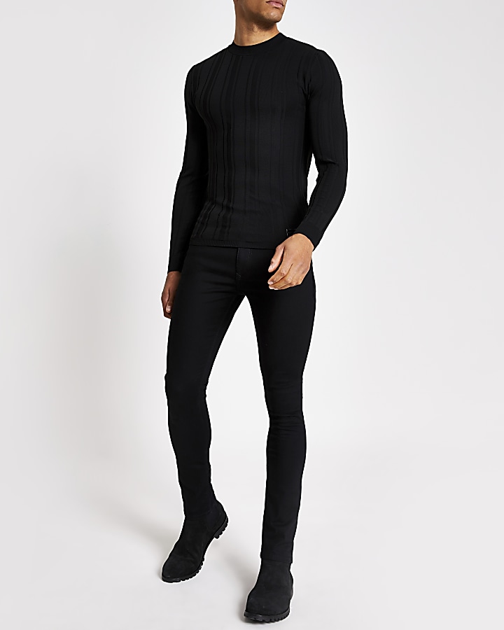 Black ribbed muscle fit knitted jumper