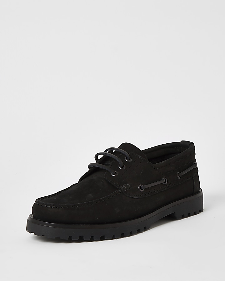 Black leather chunky boat shoes