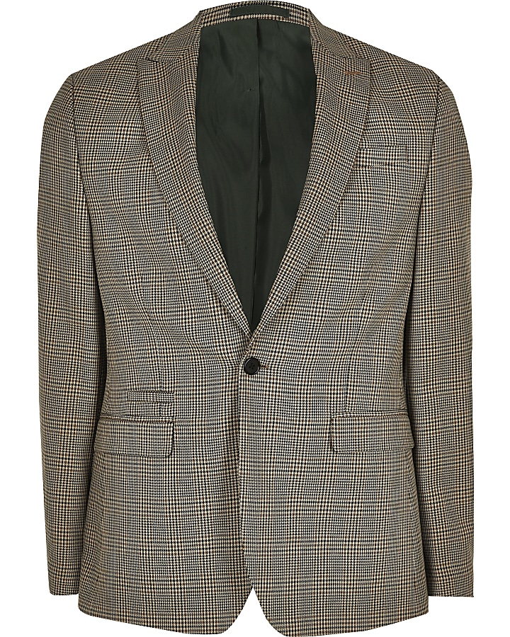 Brown check single breasted slim suit jacket