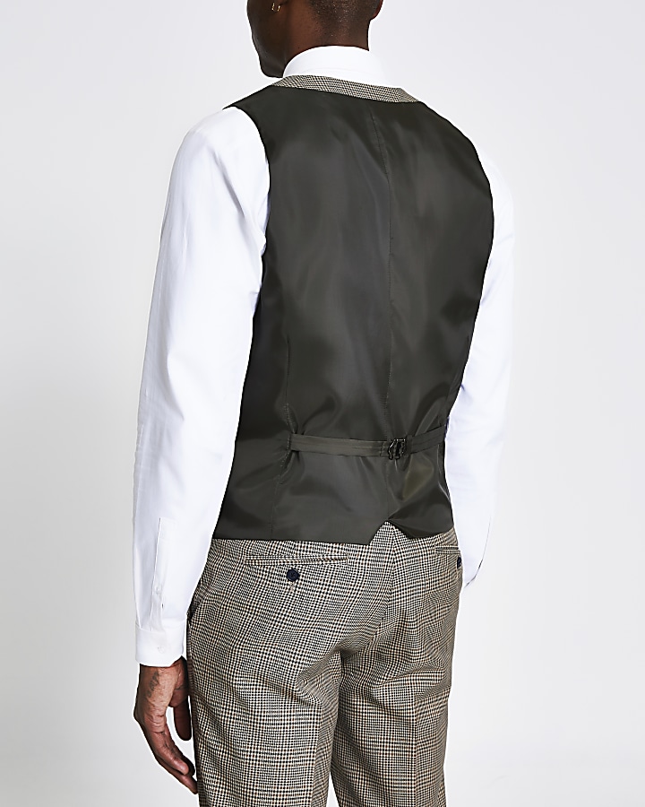 Brown check slim fit suit waistcoat