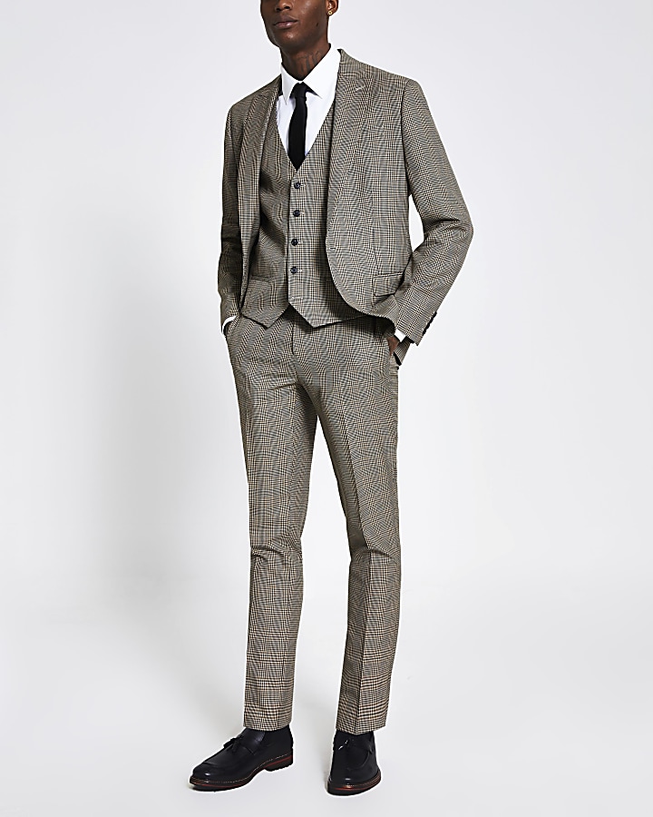 Brown check slim fit suit waistcoat