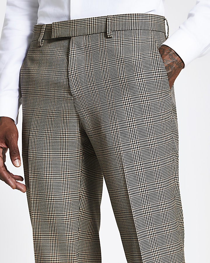 Brown check slim suit trousers