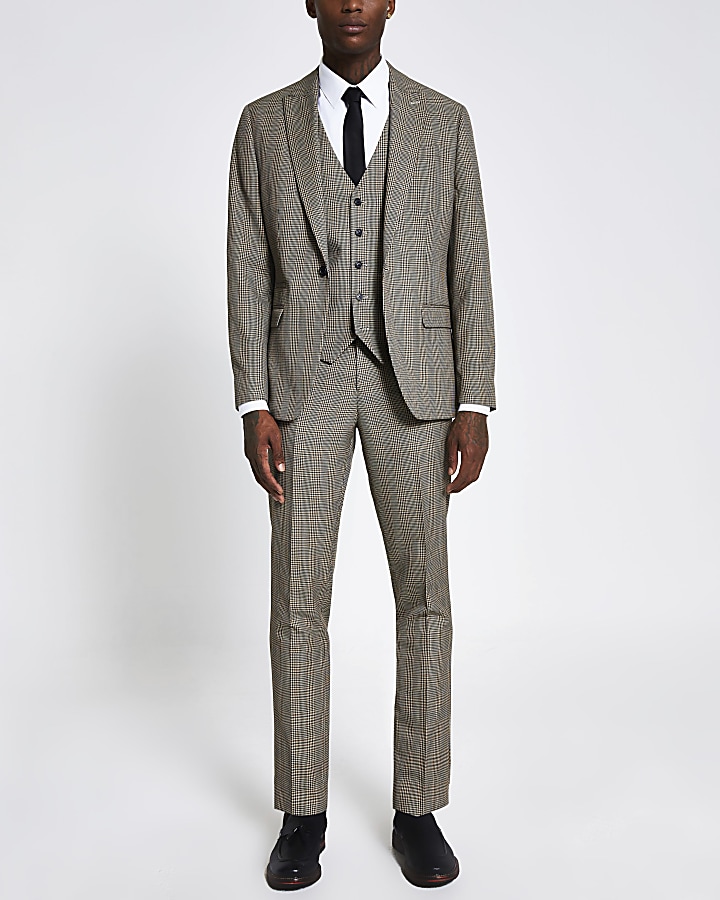 Brown check slim suit trousers