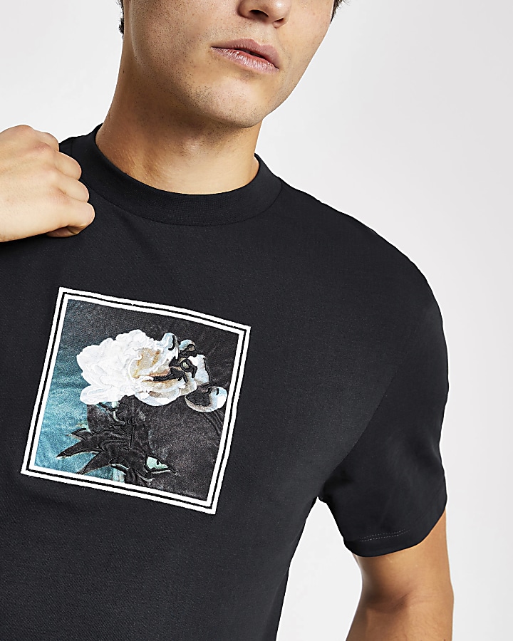 Navy floral applique slim fit T-shirt