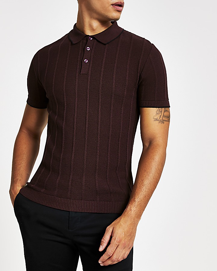 Dark red knitted stitch muscle fit polo shirt