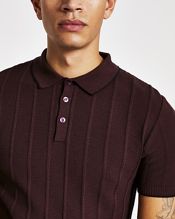 Dark red knitted stitch muscle fit polo shirt