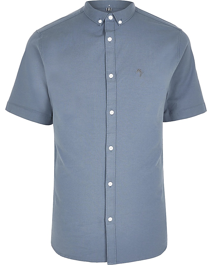 Blue slim fit short sleeve Oxford shirt