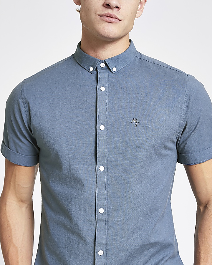 Blue slim fit short sleeve Oxford shirt