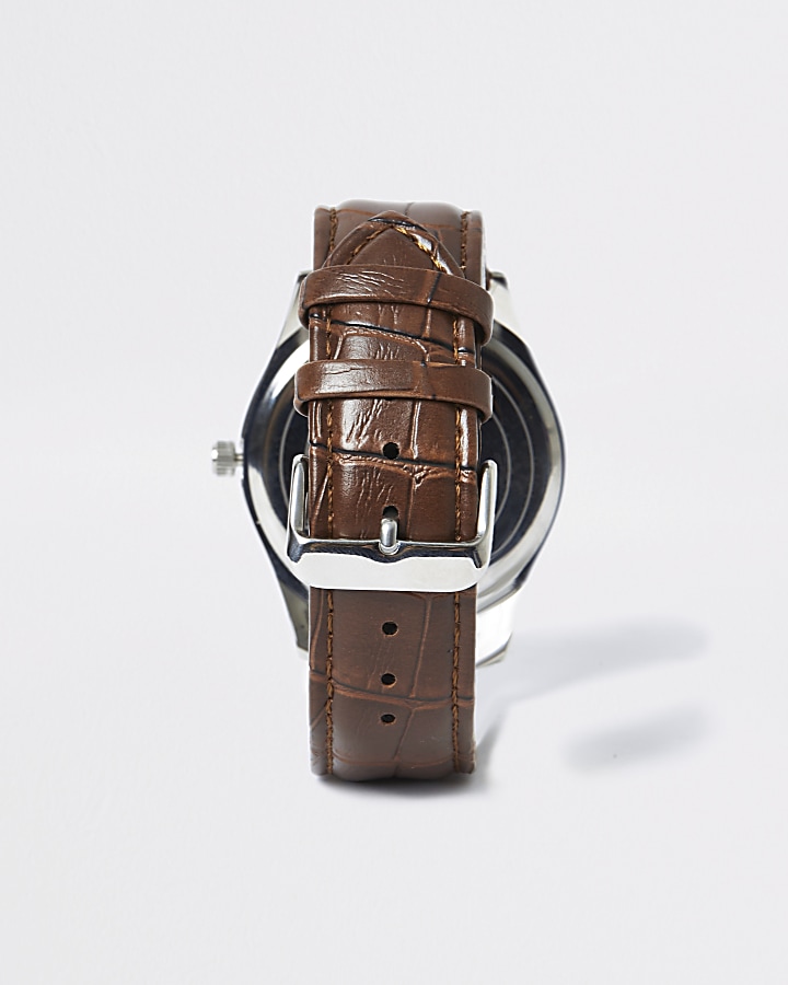Brown strap silver tone smart watch