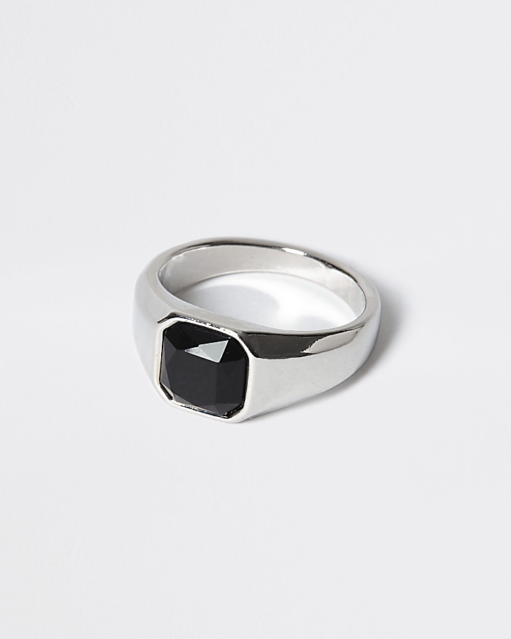 Silver colour black stone signet ring