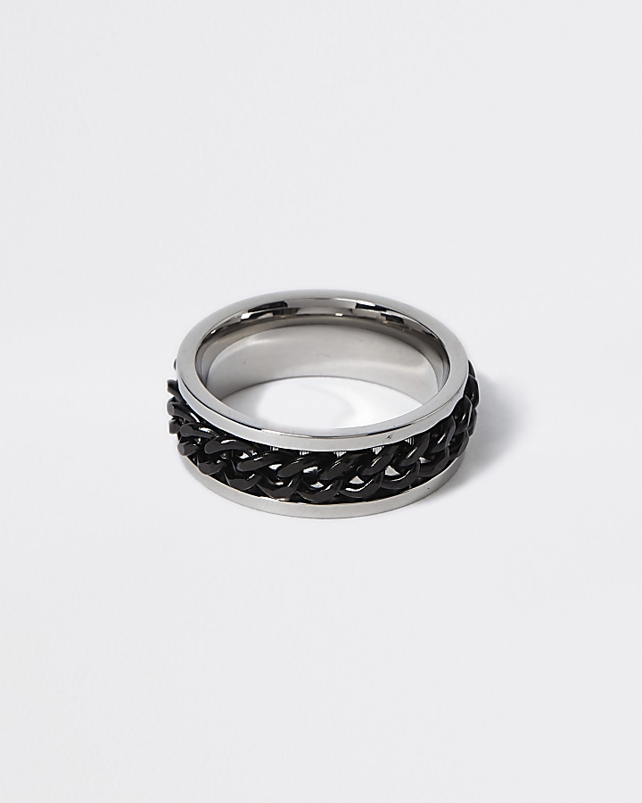 Silver colour black chain embossed ring