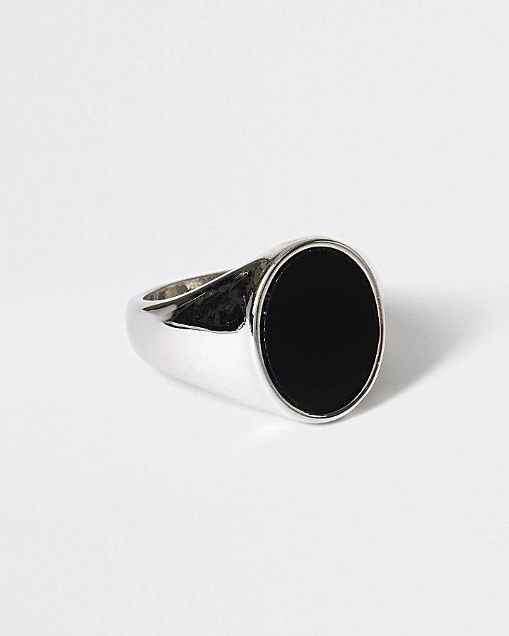 Silver colour black oval signet ring