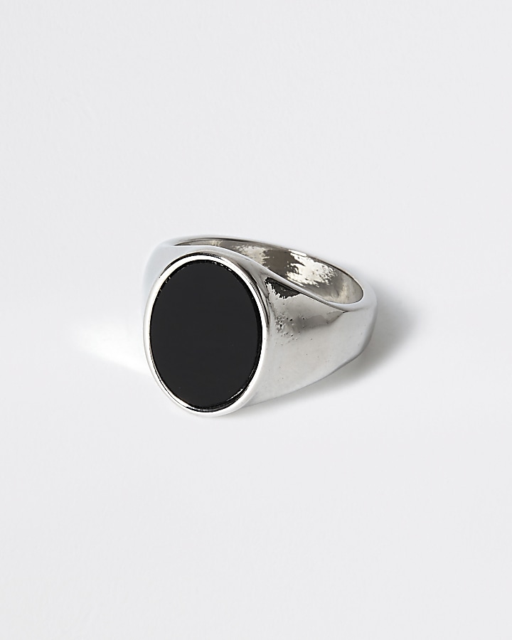 Silver colour black oval signet ring
