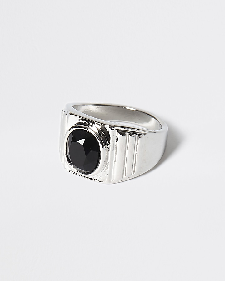 Silver colour black stone signet ring