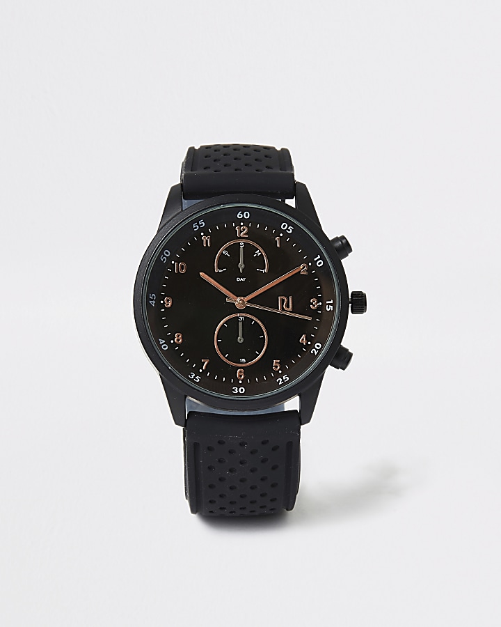 Black perforated strap round watch