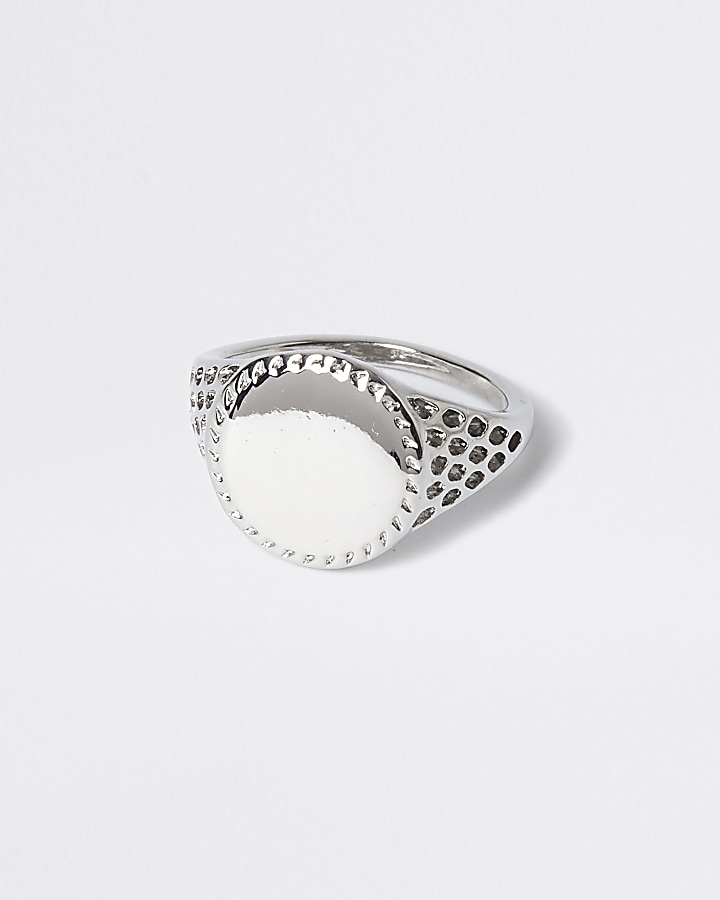 Silver colour perforated signet ring