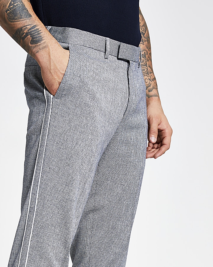 Blue textured piping side skinny trousers