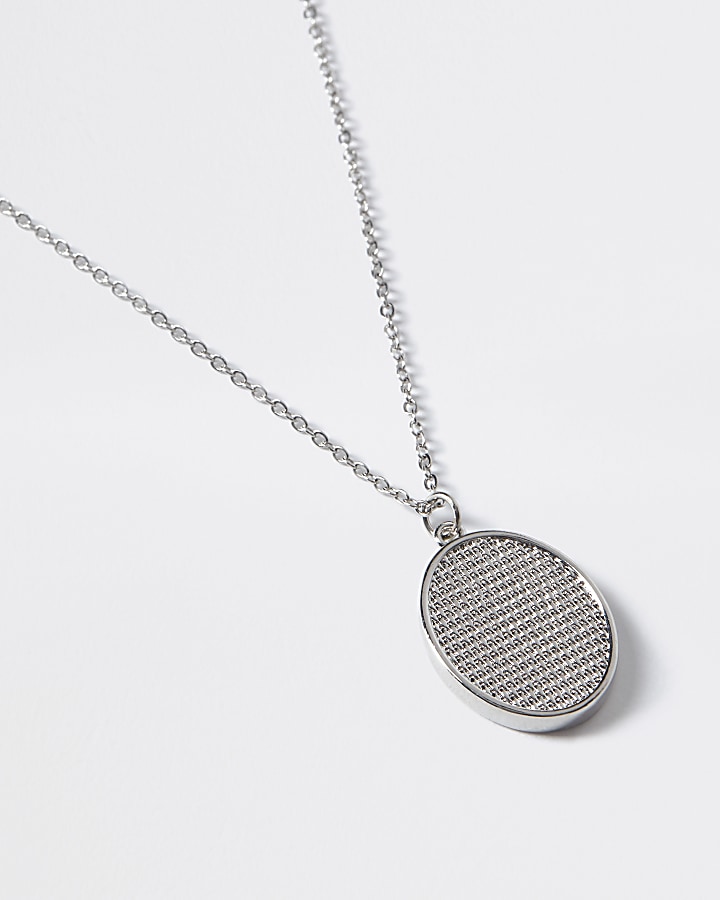 Silver colour textured oval pendant necklace
