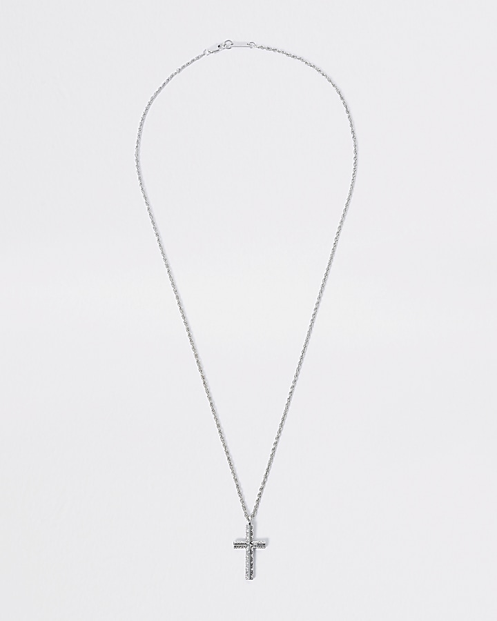 Silver colour textured cross pendant necklace