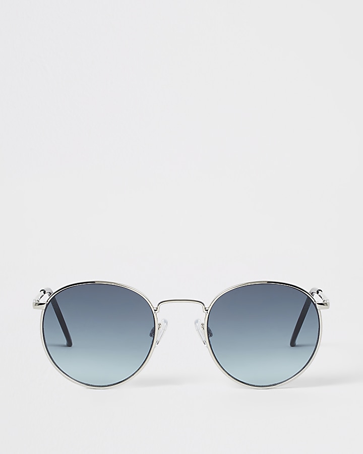 Silver frame blue lens round sunglasses