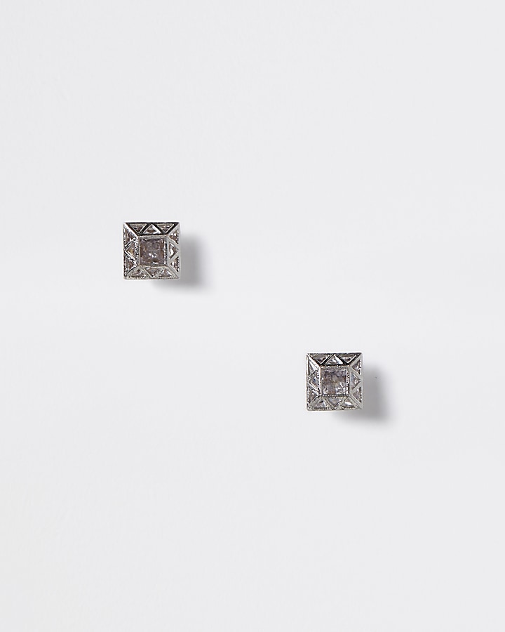 Silver colour diamante square stud earrings