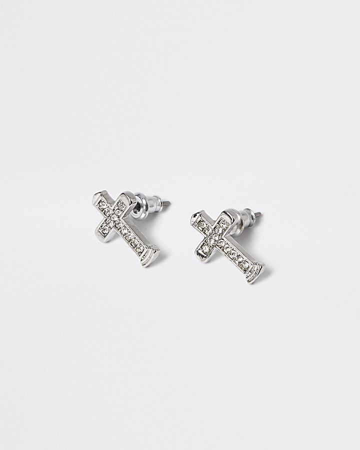Silver colour diamante cross stud earrings